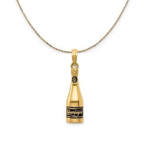 14k Yellow Gold 3D Enameled Champagne Bottle (7mm) Necklace - 24 Inch